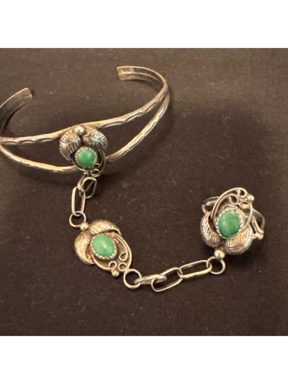 Solid Sterling Silver 925 Turquoise Slave Cuff Bracelet w Ring Size 6.5